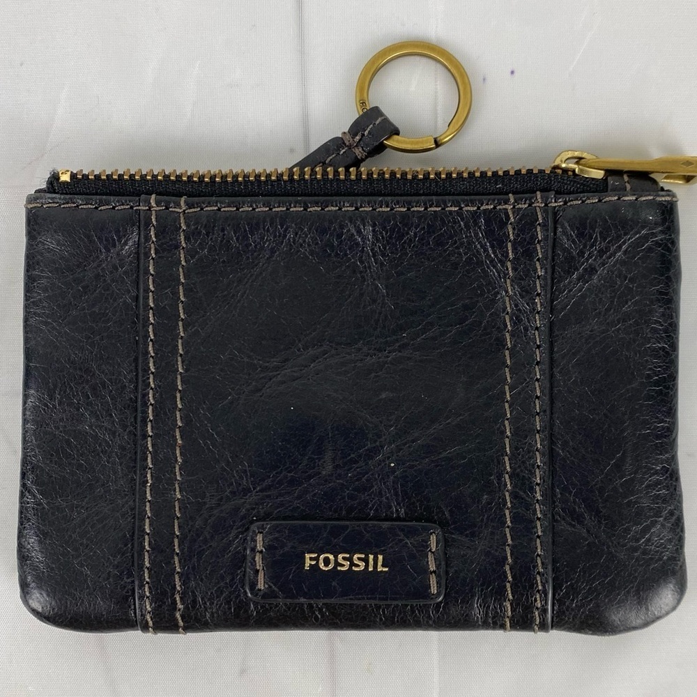 Fossil Ellis Zip Coin Genuine Leather Black Zip Close Card Holder Wallet black